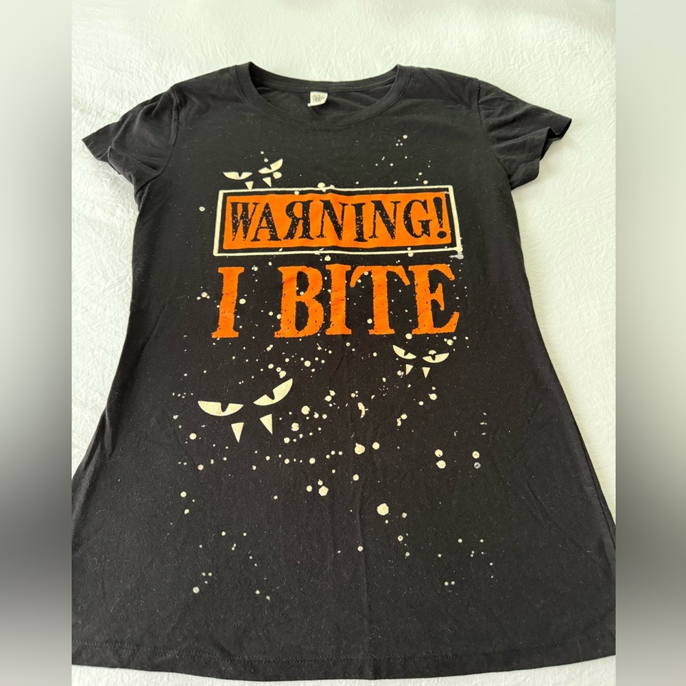 Adorable Ladies Halloween Tee with Orange Warning Print
